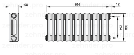 Схема (чертеж) Радиатор Zehnder Charleston 3030/14 №7610 Белый глянцевый RAL 9016